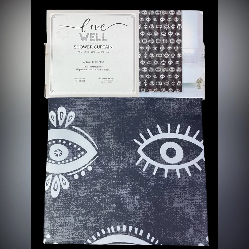 Evil Eye Shower Curtain Charcoal Black White Eyes VooDoo PEVA 70x72 NEW NWT